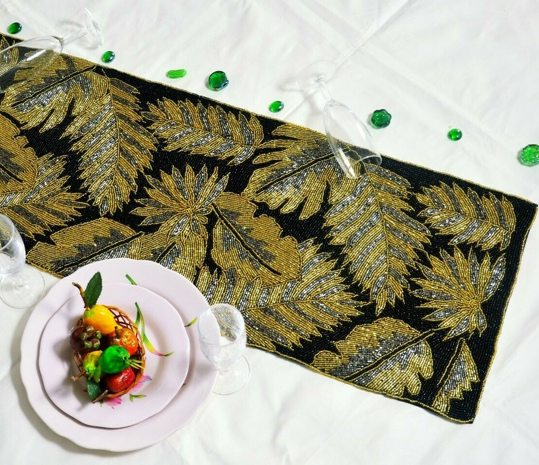 Beaded Table Runner Black And Gold Leaves Table Runner Autumn Tableware 13X36 In