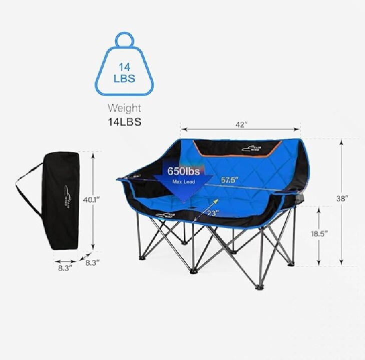 (Blue)FAIR WIND Oversized Fully Padded Camping Chair Folding Loveseat