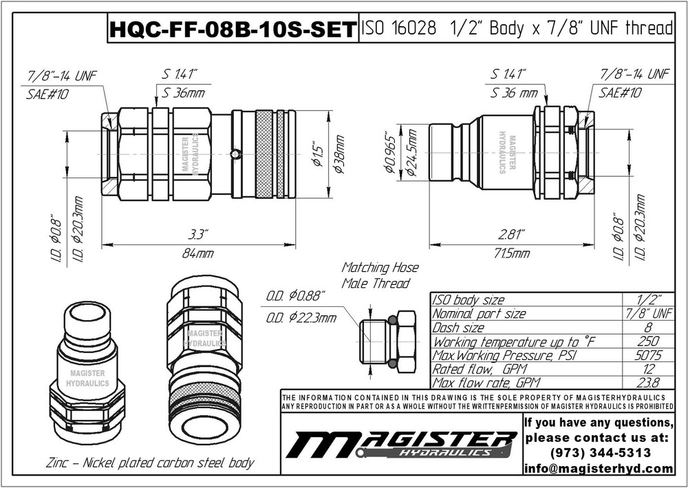 1/2″ Flat Face Hydraulic Quick Couplers Set - 5/8″ SAE Thread