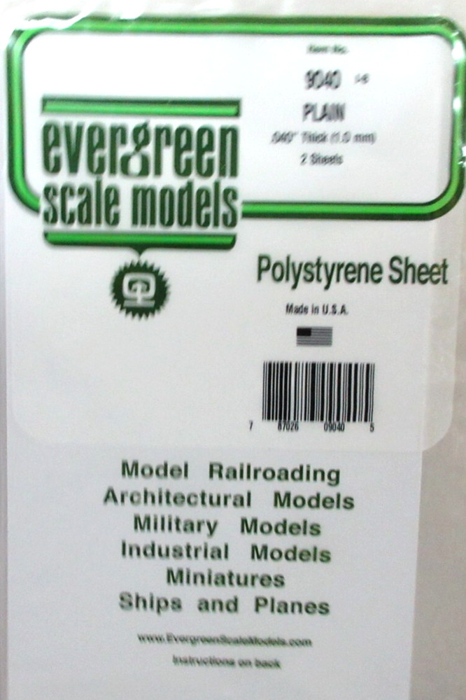 Evergreen Scale Models #9040 Plain, White Styrene Sheet, .040" Thick, pkg. 2pcs