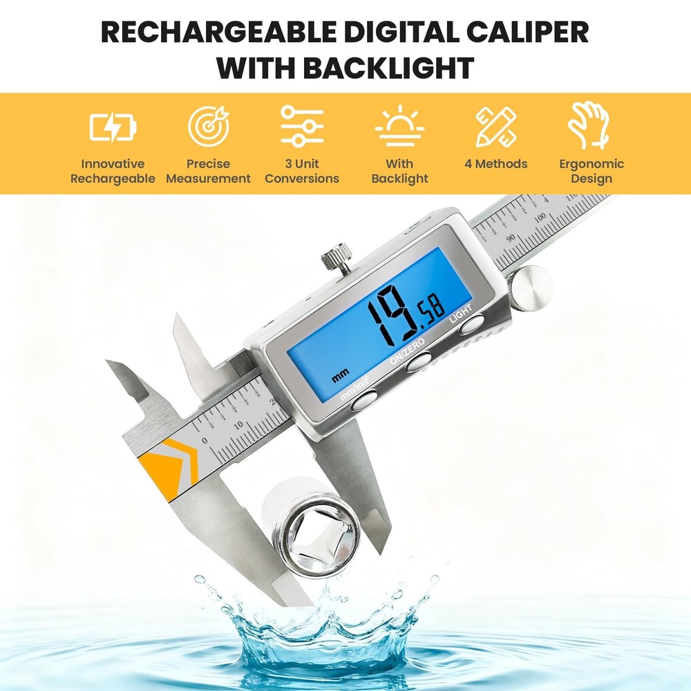 Digital Caliper Rechargeable Measuring Tool Backlight LCD Stainless Vernier