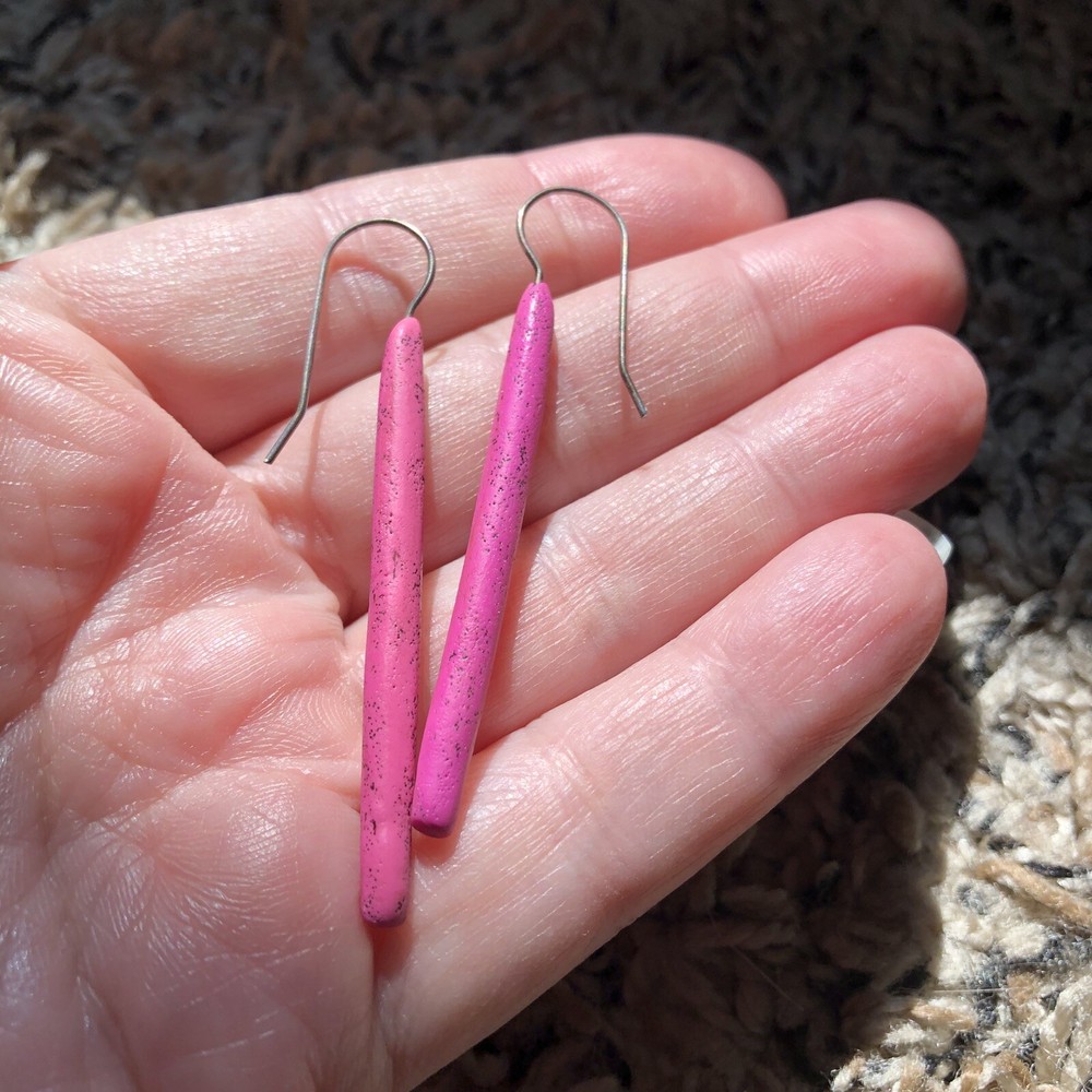 Unique dangle earrings speckled fuchsia polymer clay?