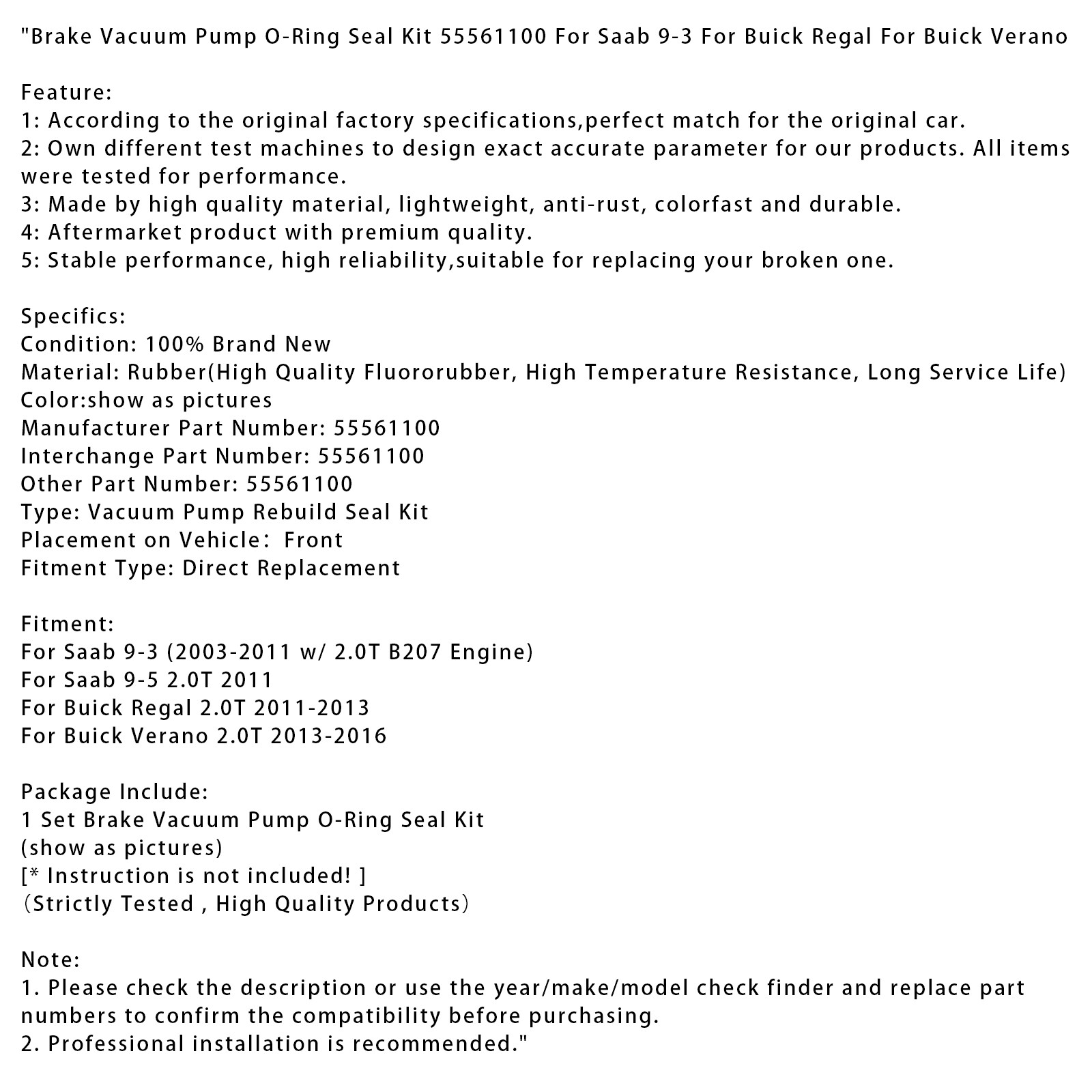 Vacuum Pump O-Ring Seal Kit 55561100 For Saab 9-3 Fit For Buick Regal