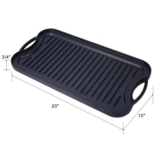 Pre-Seasoned Cast Iron Reversible Rectangular Grill/Griddle, Black,20inch x 10in