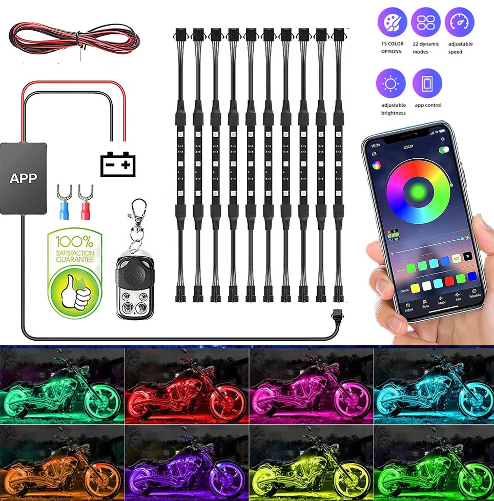 10PCS Motorcycle RGB LED Strip Light Under Glow Neon Kit Bluetooth APP Control