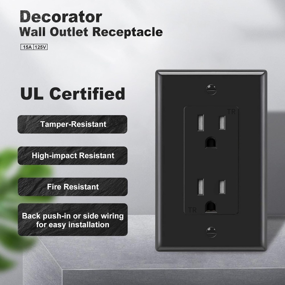 50 Pack Outlet Socket, Decora Duplex Receptacle 15 Amp, 125 Volt With plate