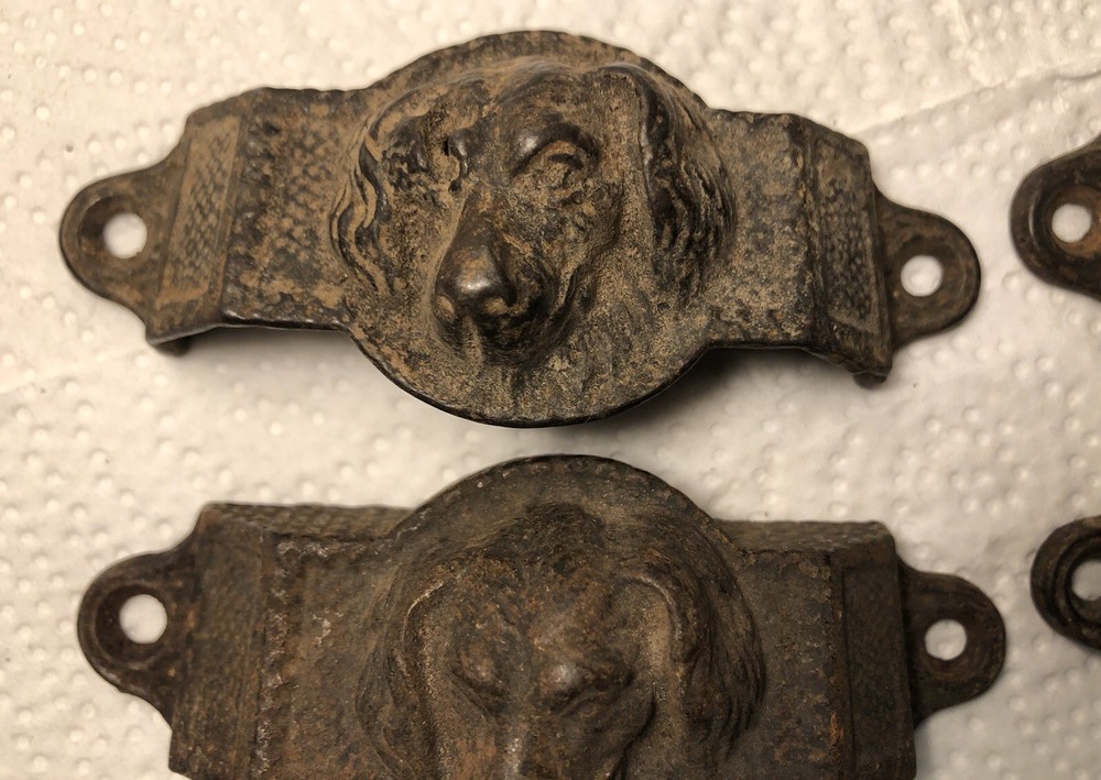 4 Antique Dog Head Drawer Pulls