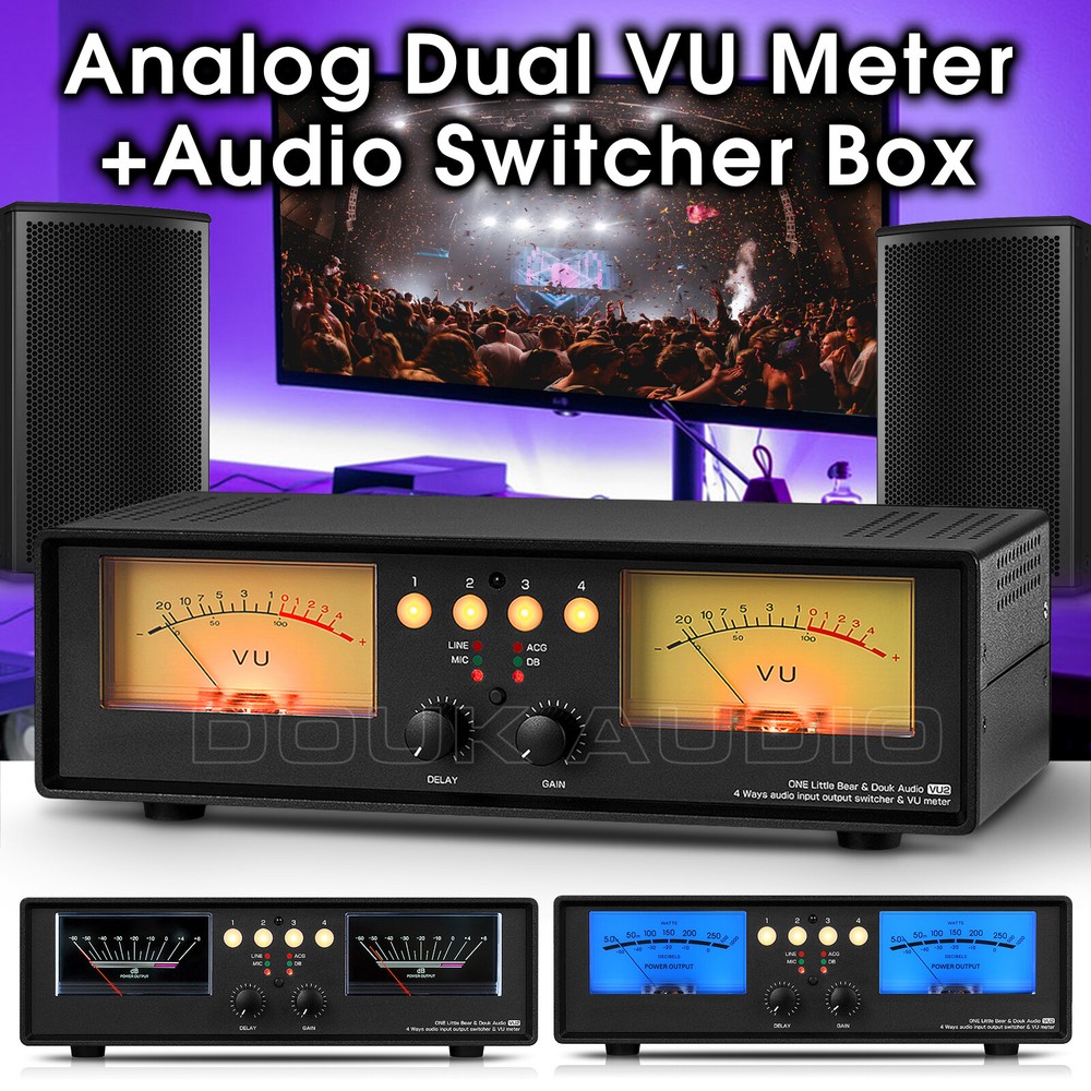 4-Way Analog VU Meter DB Panel Audio Switcher Sound Level Indicator Splitter Box