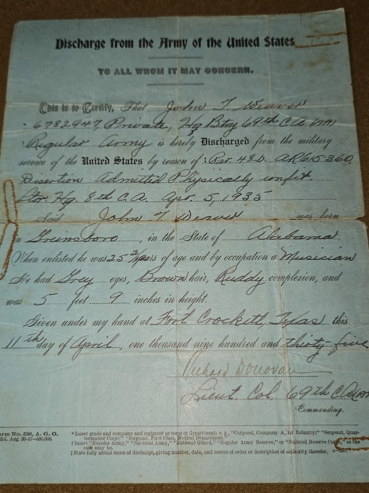 Interwar US Army Discharge Document for John Weaver Dated 1935