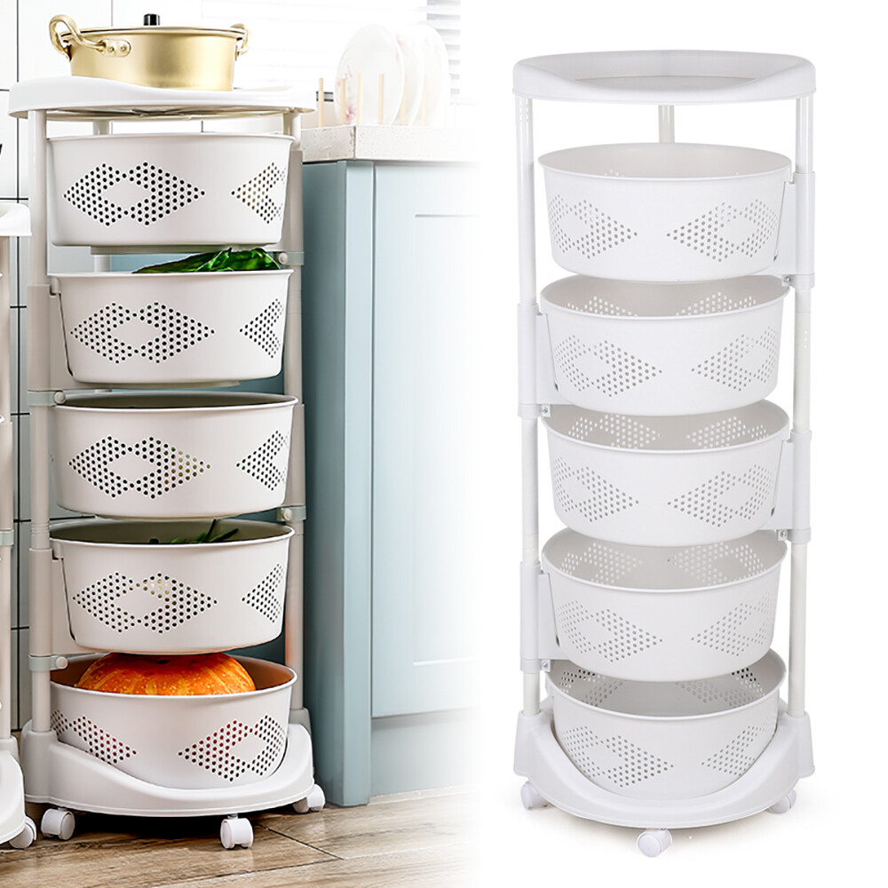 5 Layer Kitchen Rotating Organizer Rack Fruit Vegetable Storage Basket w/ Wheels