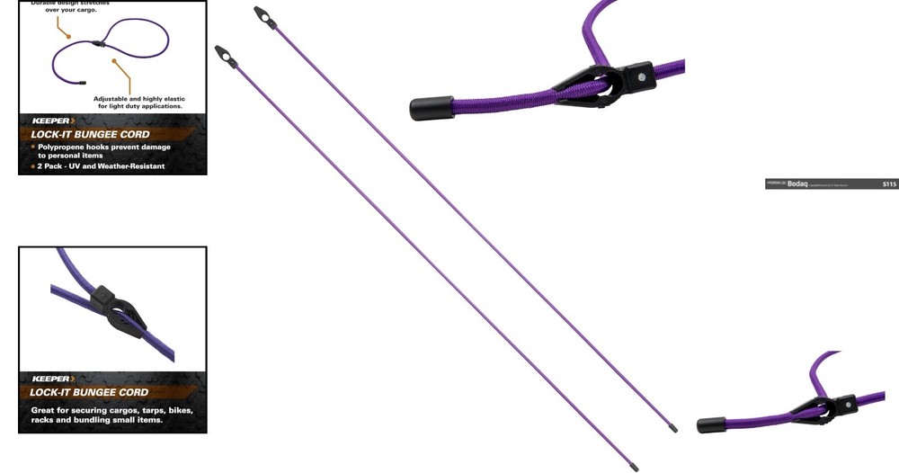 Versatile 48" Lock-It Bungee Cords, 2 Pack - Max Load 15 lbs, Weather-Proof