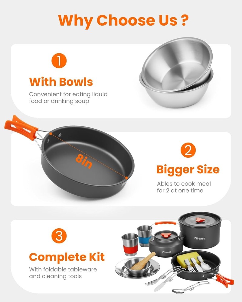 22Pcs Camping Cookware Mess Kit for 2, Lightweight Large, Silver, Orange