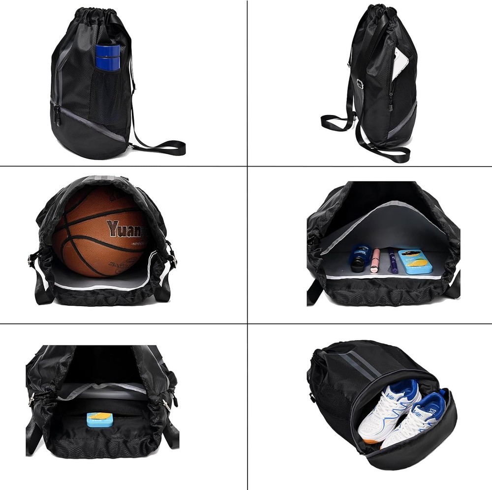 Black Drawstring Gym Bag, Waterproof Backpack with Shoes Compartment