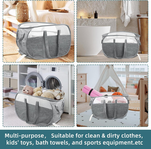 Collapsible Laundry Baskets, Tear Proof Pop Up Horizontal, Gray