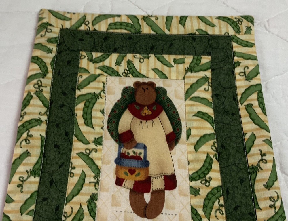 Small Patchwork Quilt Wall Hanging, Country, Rectangles, Bear In Center