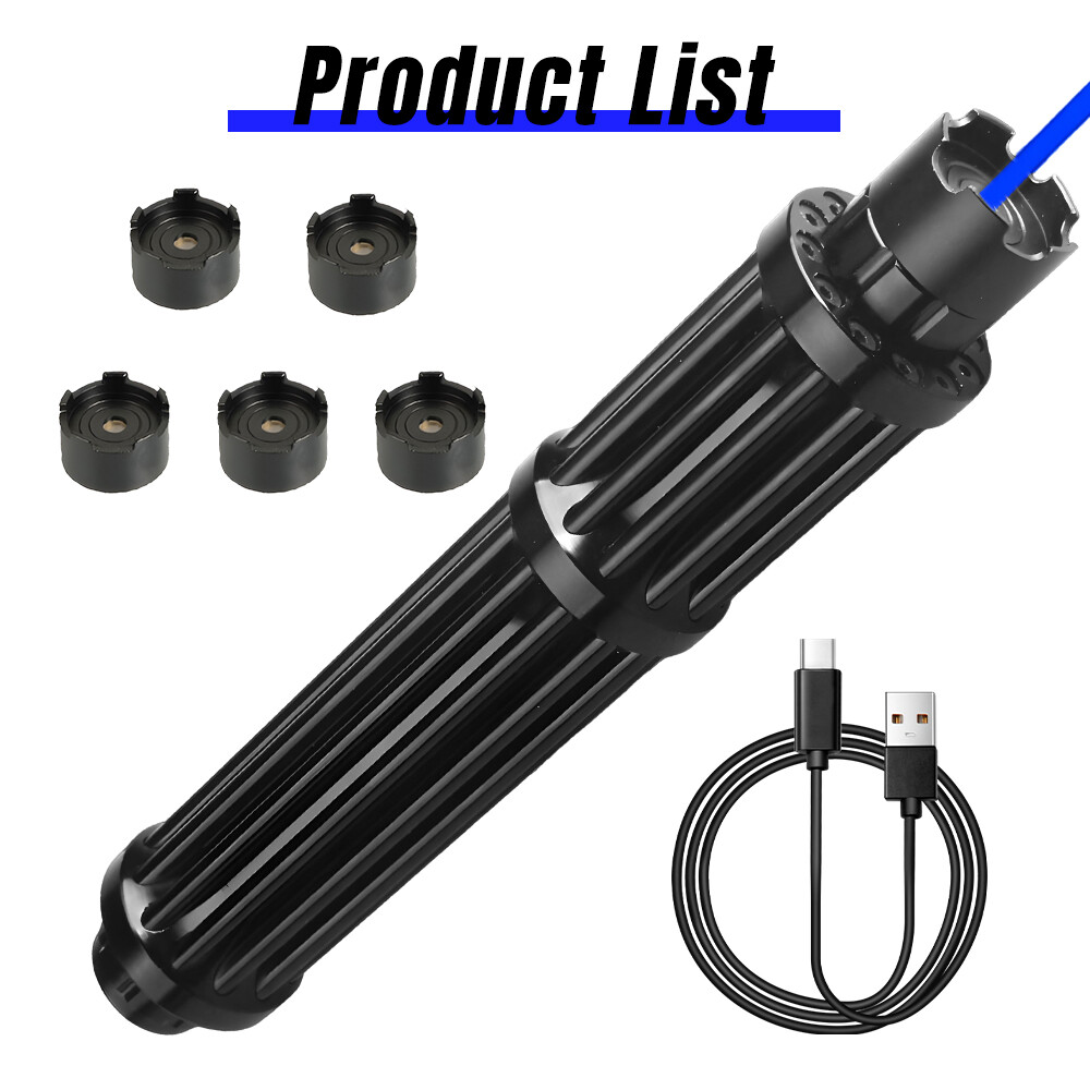 10W USB Charge Strong Blue Burning Laser Pointer Visible Beam Torch+5 Caps