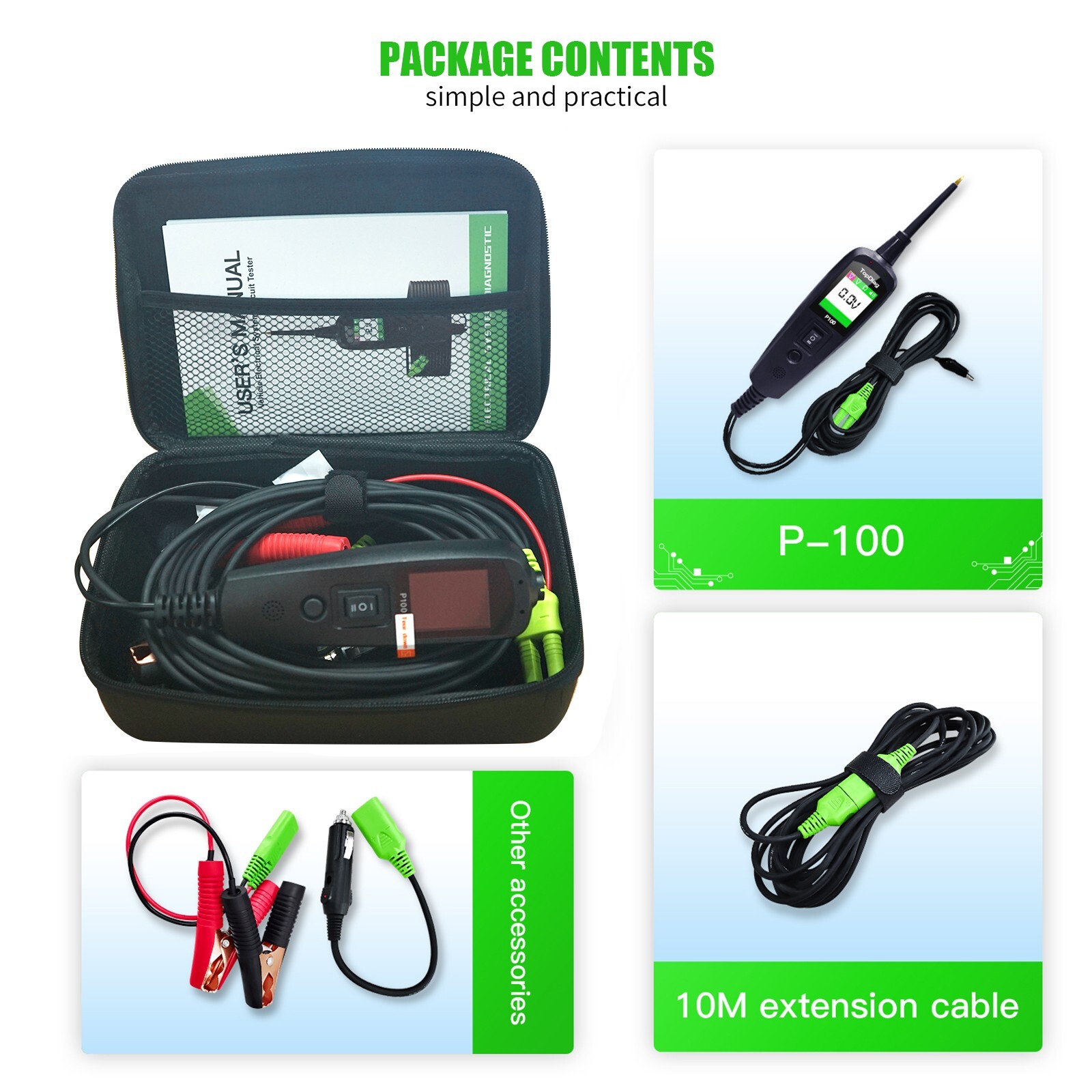 TopDiag P100 12V 24V Electrical Car Circuit Tester Power Probe Diagnostic Tool