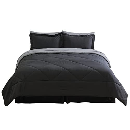 Comforter Set - 8 Pieces Reversible Bed Set with Comforters, Queen Black