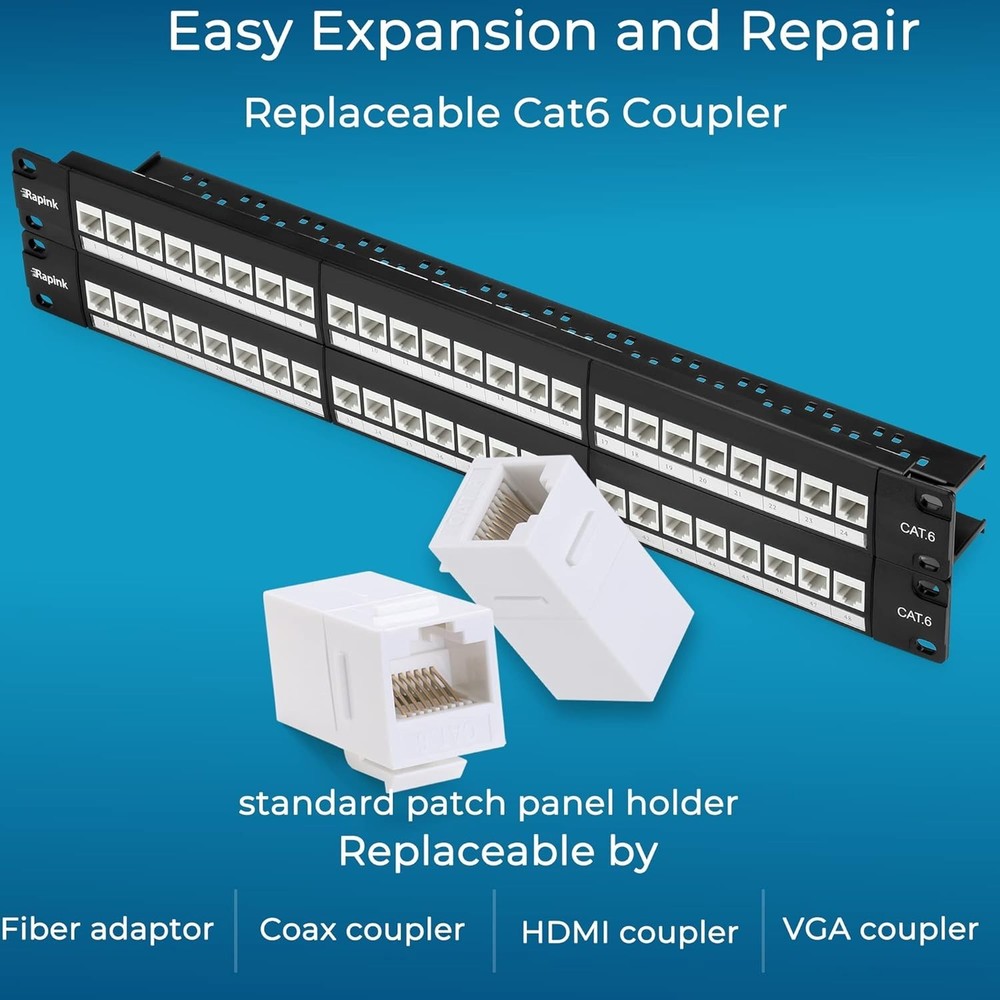 High-Speed 48 Port Cat6 Patch Panel with Toolless Termination & Detachable Bar