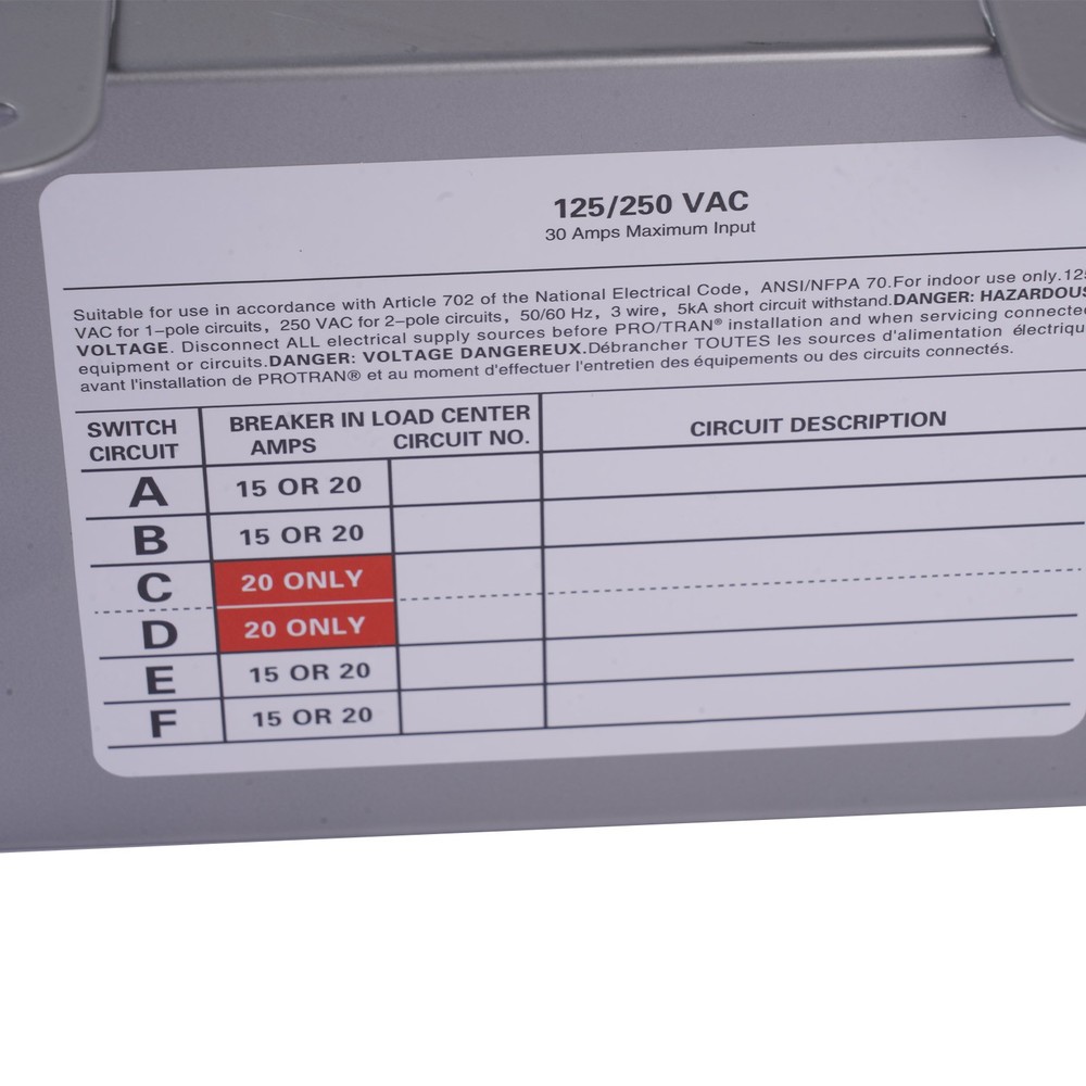 Transfer Switch Kit 30 Amp 6-Circuit Pro/Tran for Generators 31406CWK