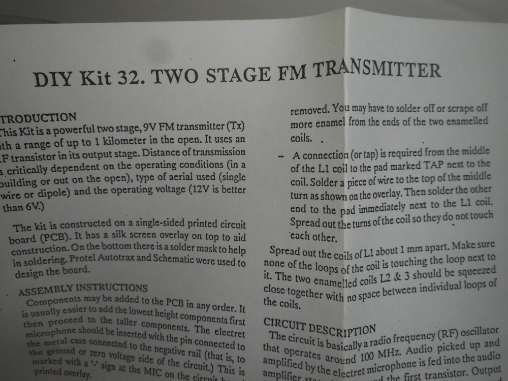 Two Stage FM TRANSMITTER KIT No. 80-320 LKG Industries Build Your Own DATA KIT