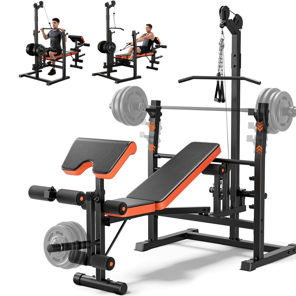 9-in-1 Adjustable Olympic Weight Bench with Lat Pulldown, Row, Squat Rack & L...