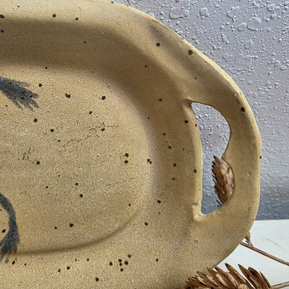 Vintage Signed Studio Pottery Speckled Stoneware Serving Tray Botanical Pattern