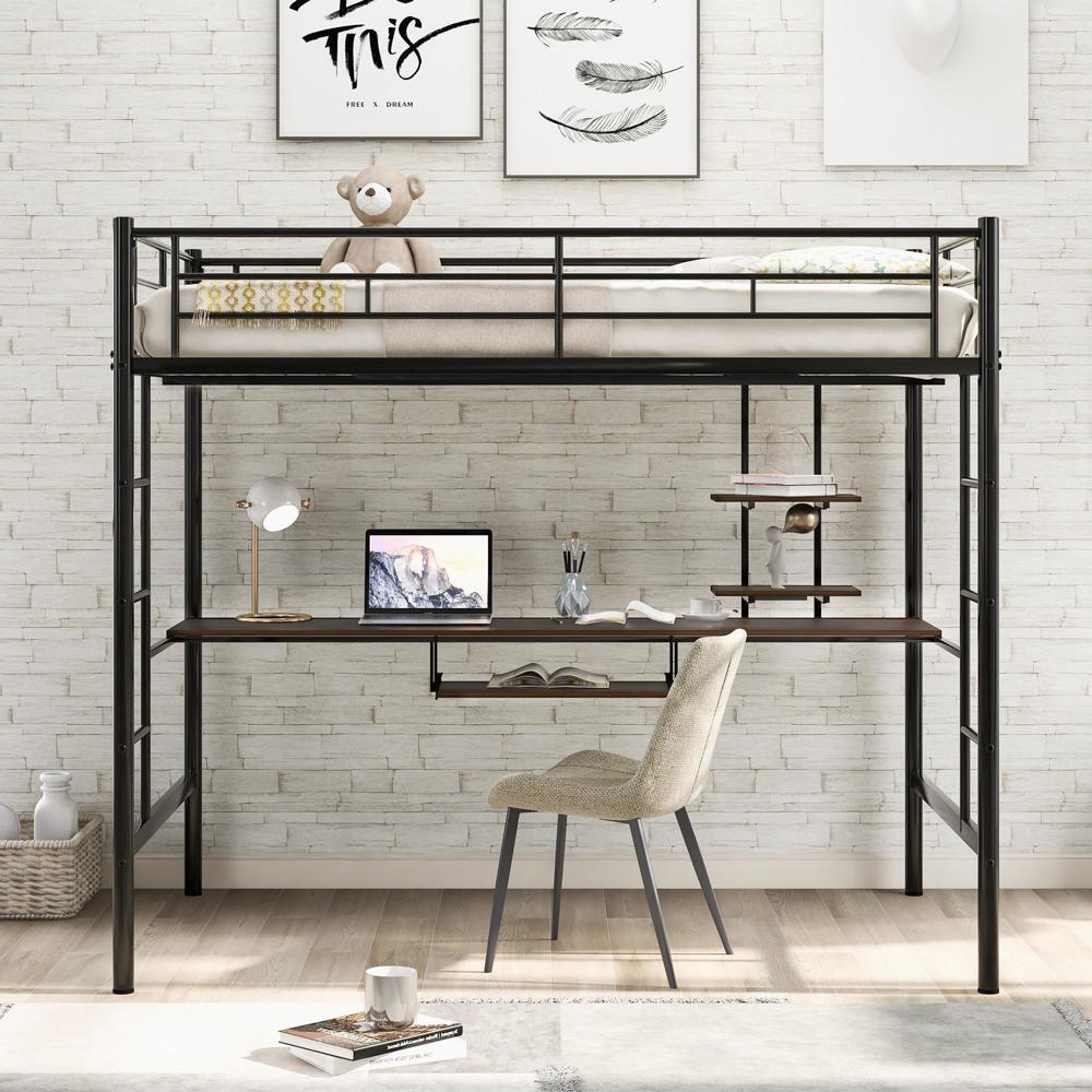 Full Size Bed Frame Loft Bed with Desk and Shelf , Space Saving Design Black