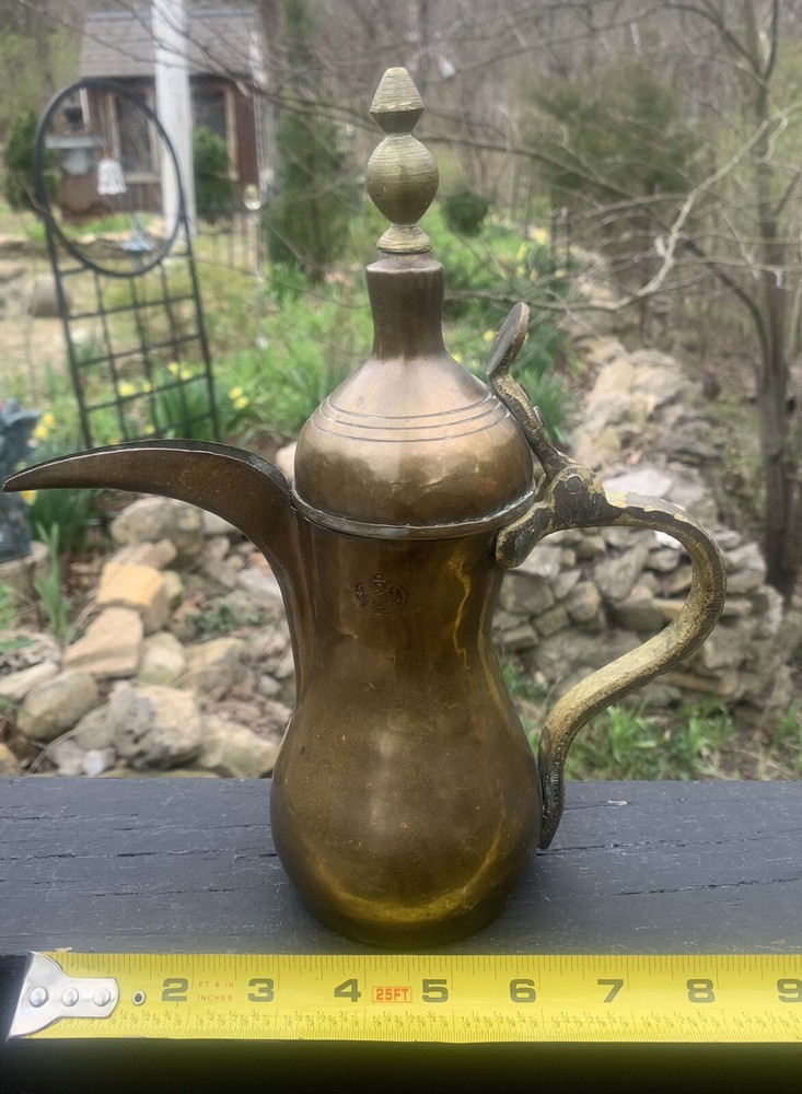 Vintage Handmade DALLAH Arabic Turkish Solid Brass Coffee Pot 10”T, Signed