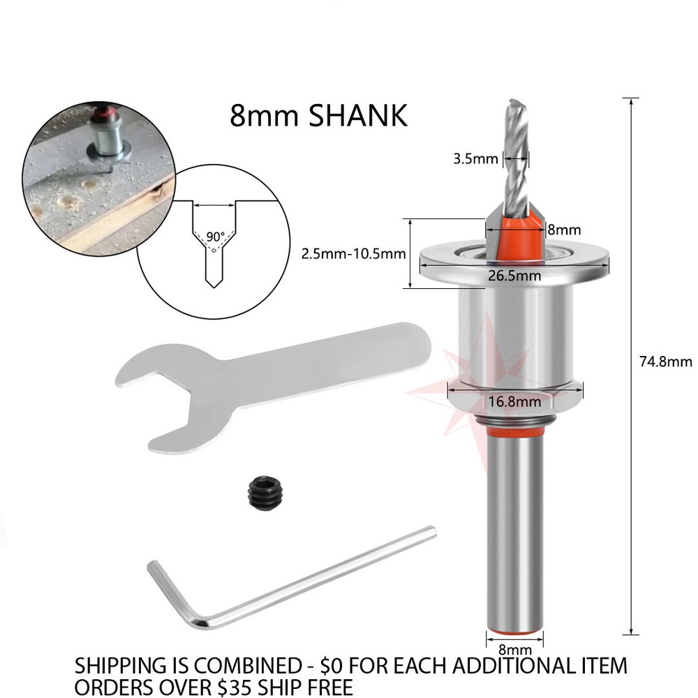 5 PIECE 8mm Adjustable Counterbore Countersink Drills Bits- DEPTH STOP Drill Bit