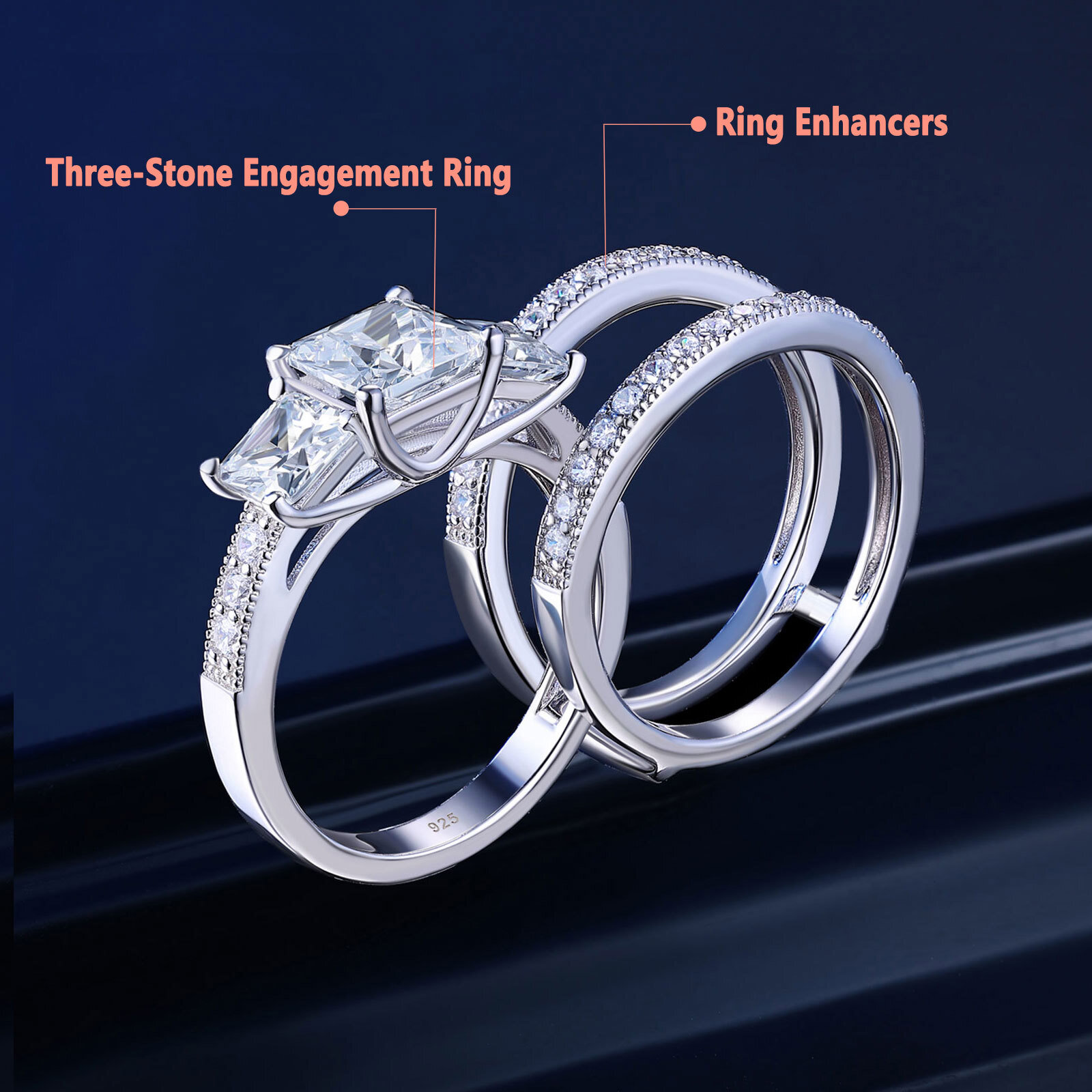 Estate 3 Stone Ring Set for Women Engagement Wedding Ring Set Sterling Silver CZ