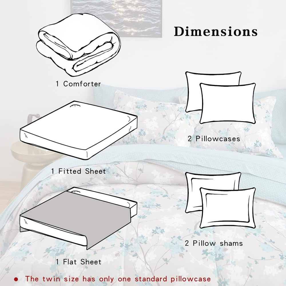 King Size 7-Piece Aqua Grey Botanical Comforter Bedding Set