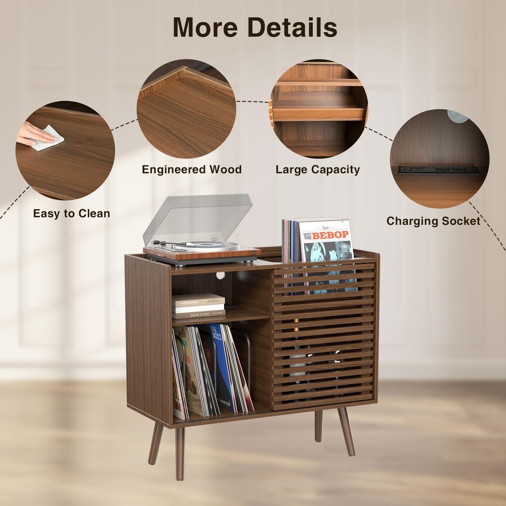 Medieval modern record player stand, featuring a socket and sliding door design.