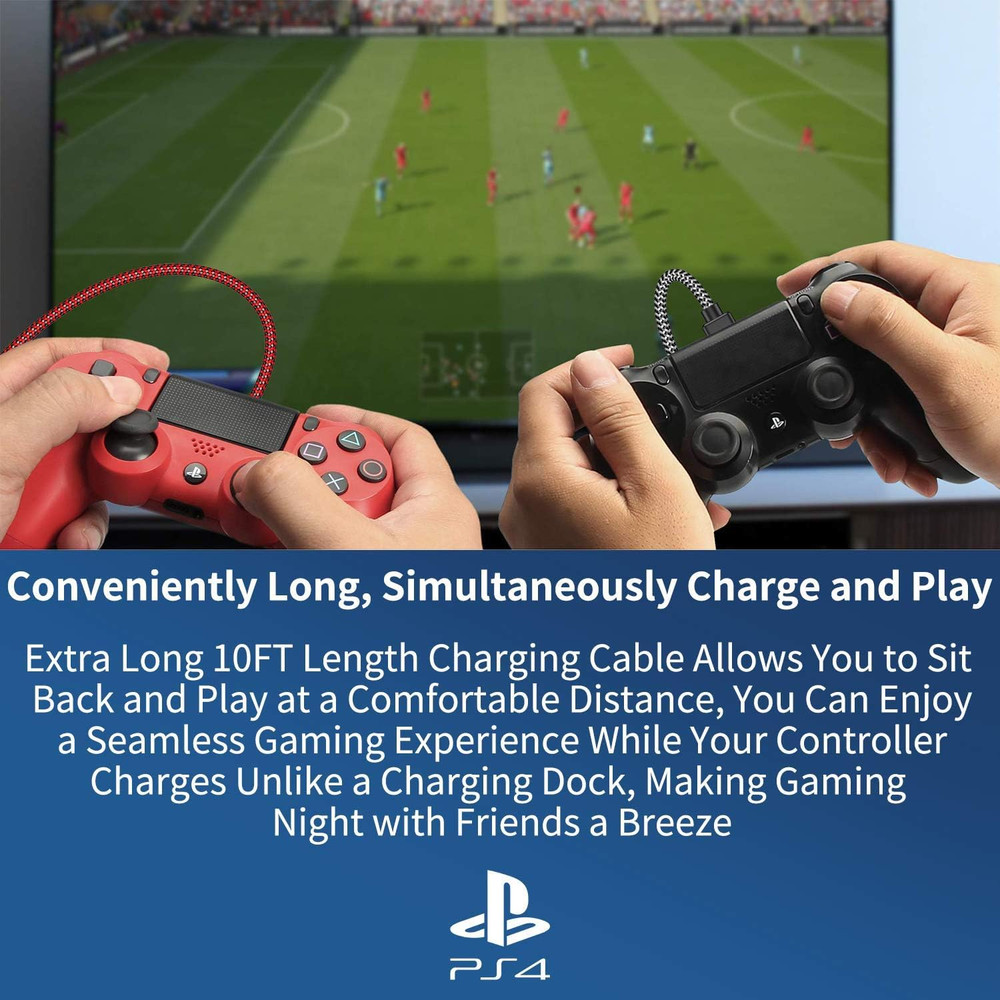 PS4 Controller Charger Charging Cable – 2 Pack 10FT Nylon Braided Micro USB 2.0