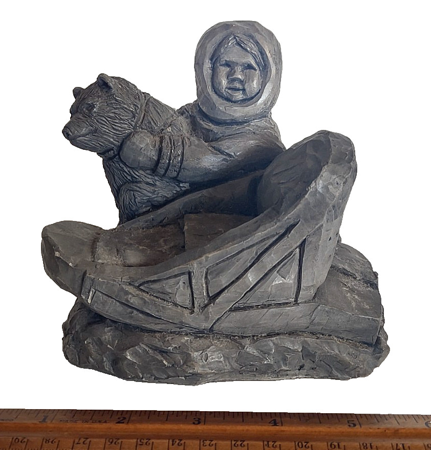 Vintage Signed G 85 Soapstone Alaska Inuit Man With Dog & Sled Sculpture