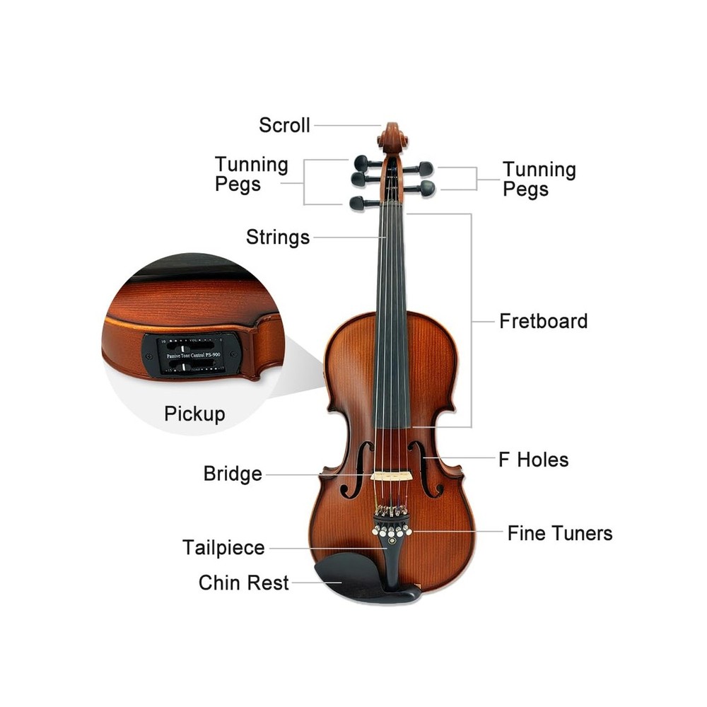 Acoustic Electric Violin 4/4 Full Size, 5 string Solid Maple Spruce with Ebon...