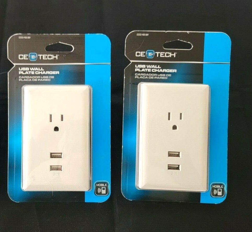 CE TECH White Dual 2.1 Amp USB Single Outlet Wall Plate 2 Pack