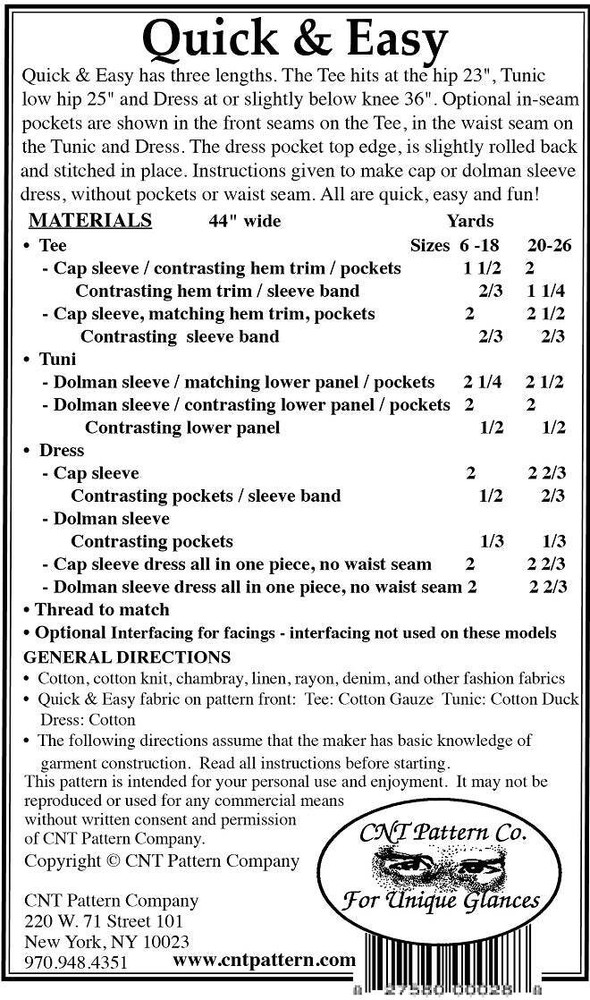 Quick & Easy Tee, Tunic, Dress Pattern by Karen Nye CNT Pattern Co