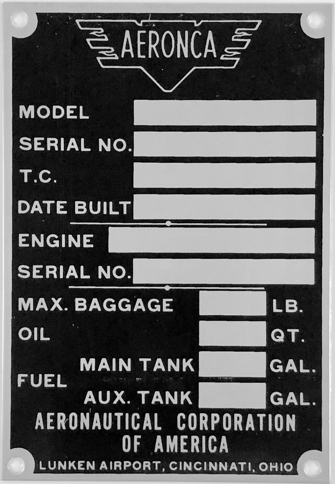 Aeronca Data Plate-Unstamped Stainless Steel Post War Replacement Part  DPL-0103