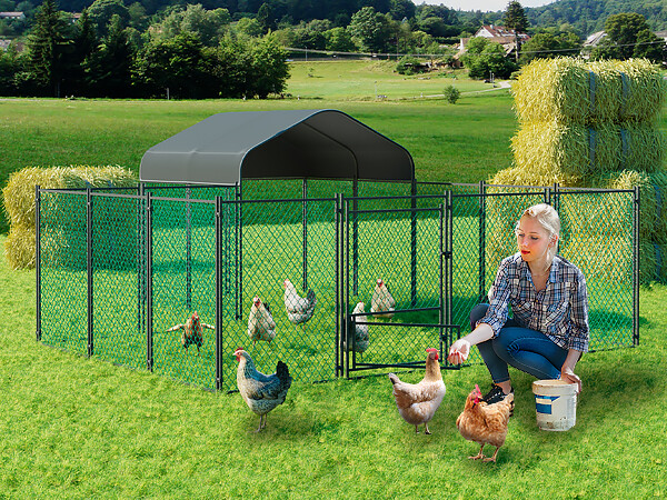 Walk-in Poultry Cage Galvanized Outdoor Metal Run Chicken Coop, Black, Large