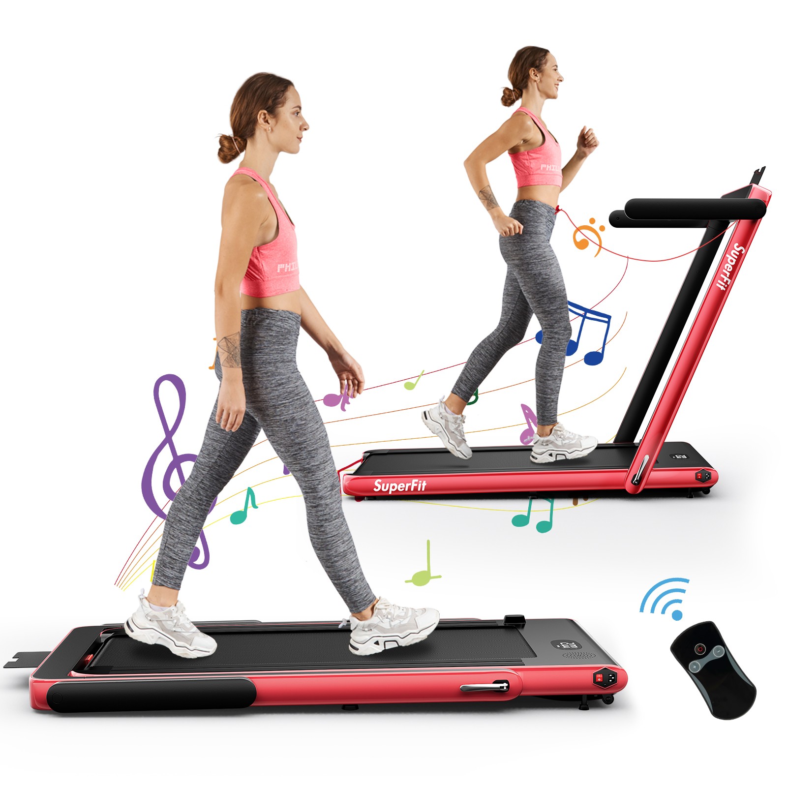 SuperFit 2 in 1 Folding Exercise Treadmill 2.25HP W/ Speaker Remote Red