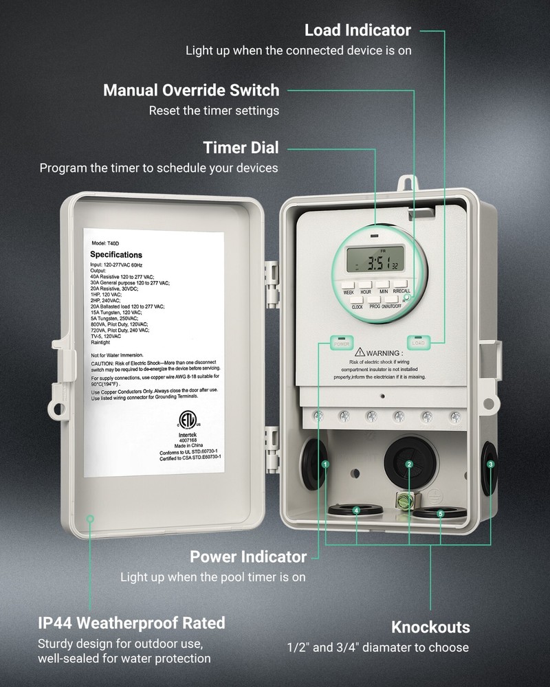 DEWENWILS Pool Pump Timer, Outdoor Digital Timer Box Heavy Duty 7-Day Programmab