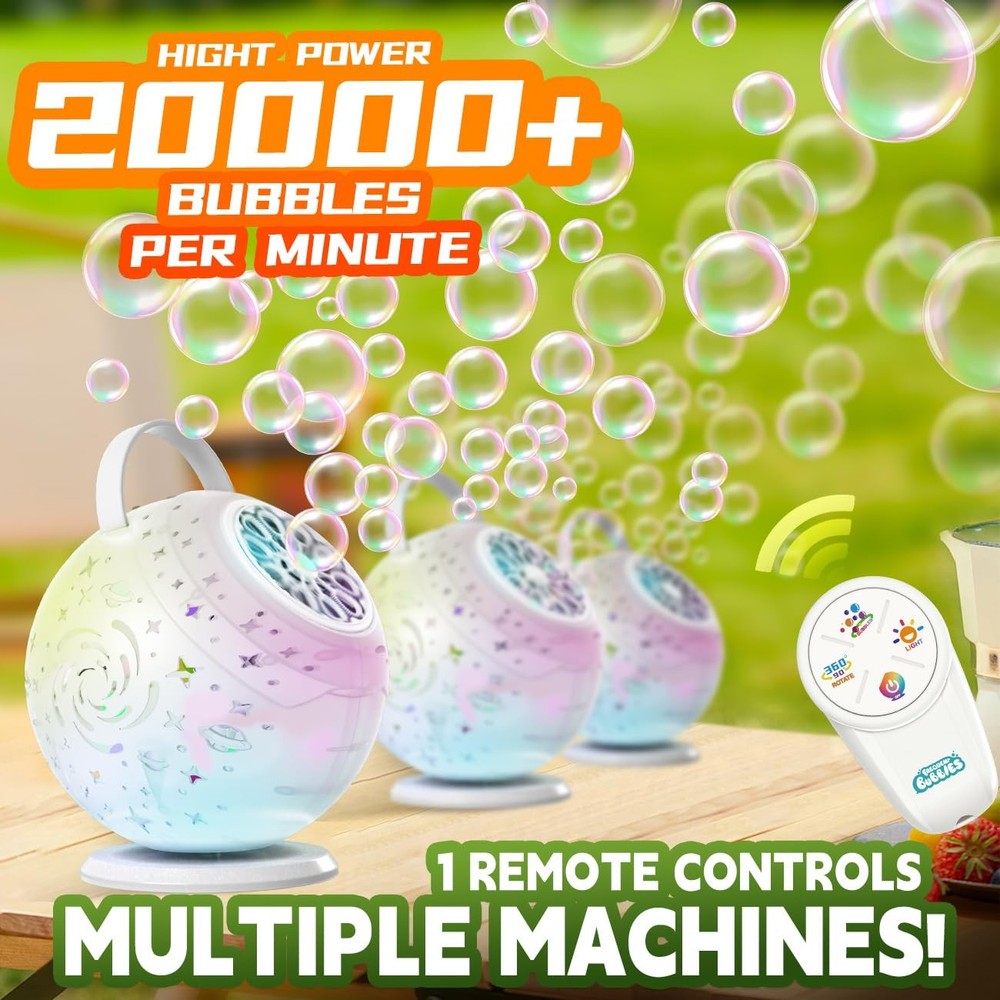 Rechargeable Bubble Machine - Auto 90°/360° Rotation, Remote Control, 7-Color LE