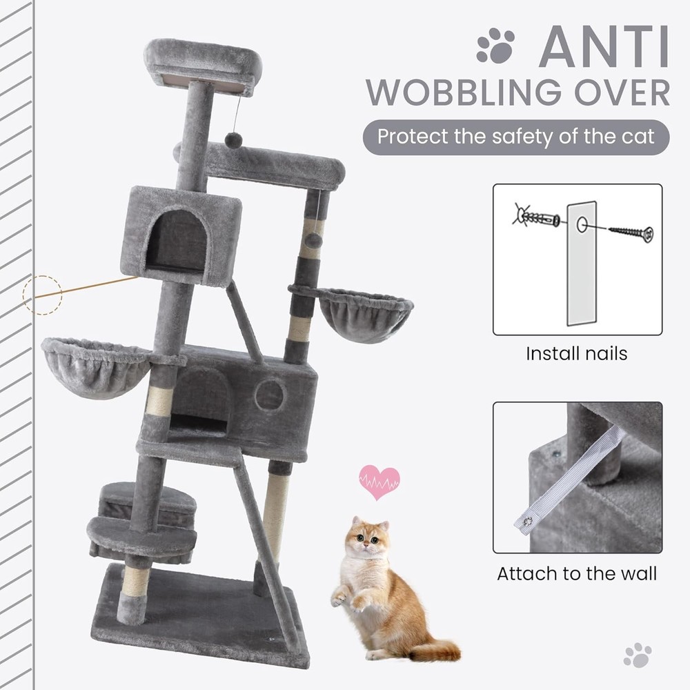 Large 65" Cat Tree Tower with Cozy Perches, Scratching Posts & Hammock - Grey
