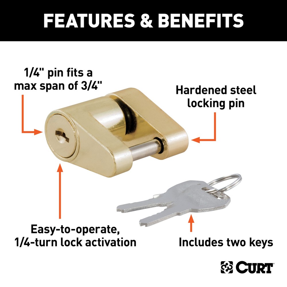 Curt Coupler Lock (1/4" Pin, 3/4" Latch Span, Padlock, Brass-Plated)