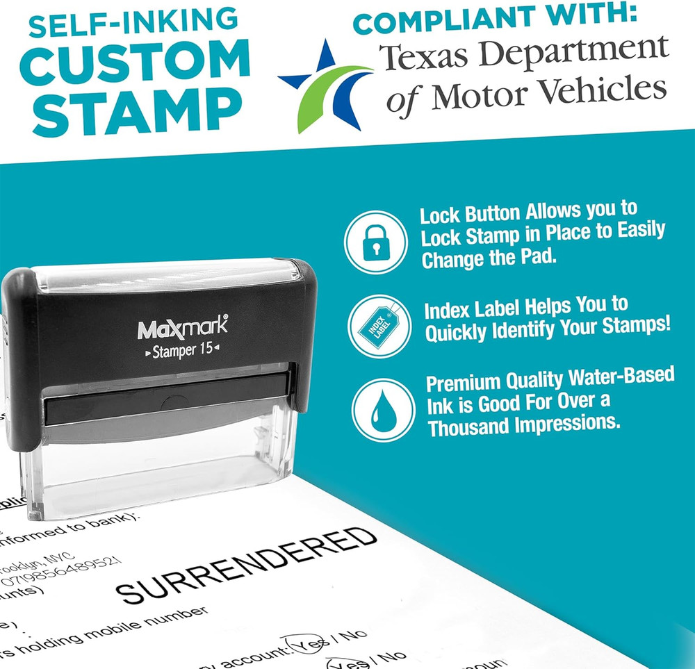 Surrendered Self Inking Stamp - Txdmv Compliant - Required for Webdealer Program