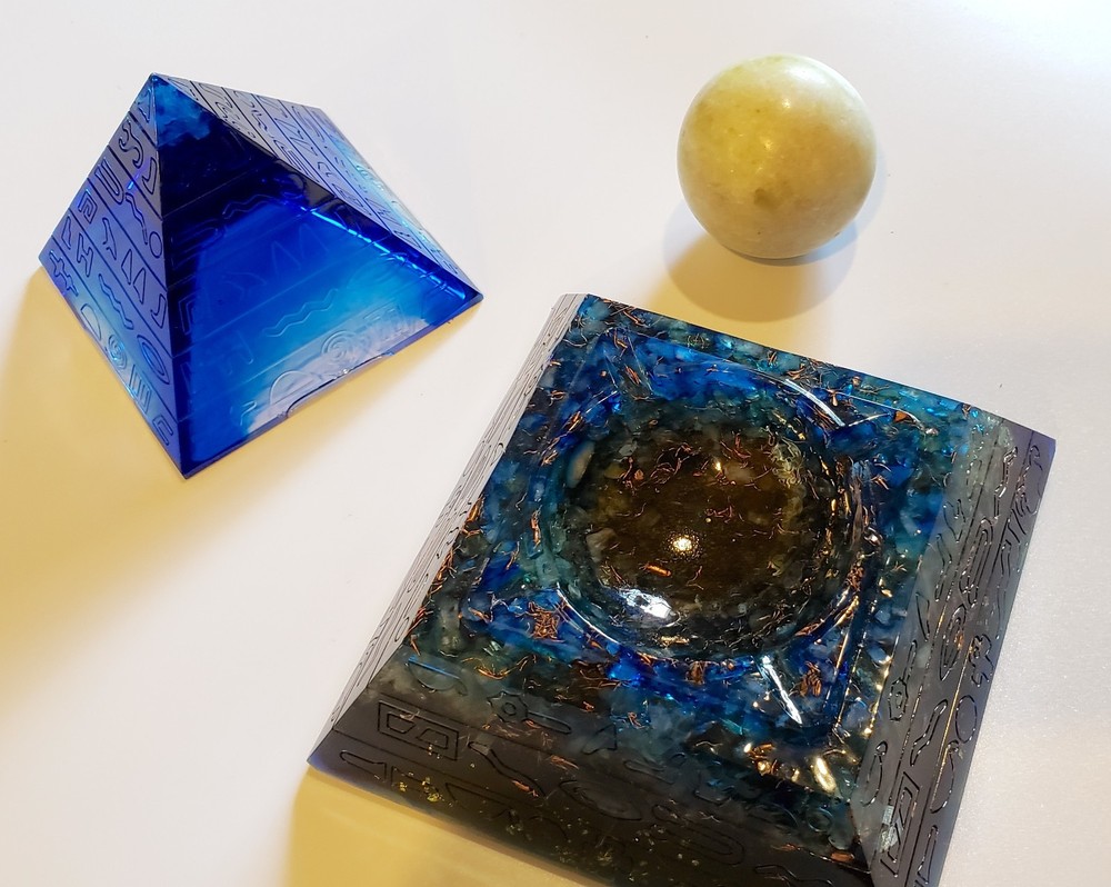 Large Orgonite Pyramid with Crystal Sphere Included.