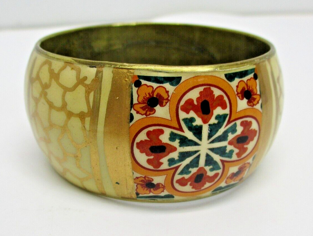 Wide 1⅜" brass bangle - metal with Patterned flower & colors