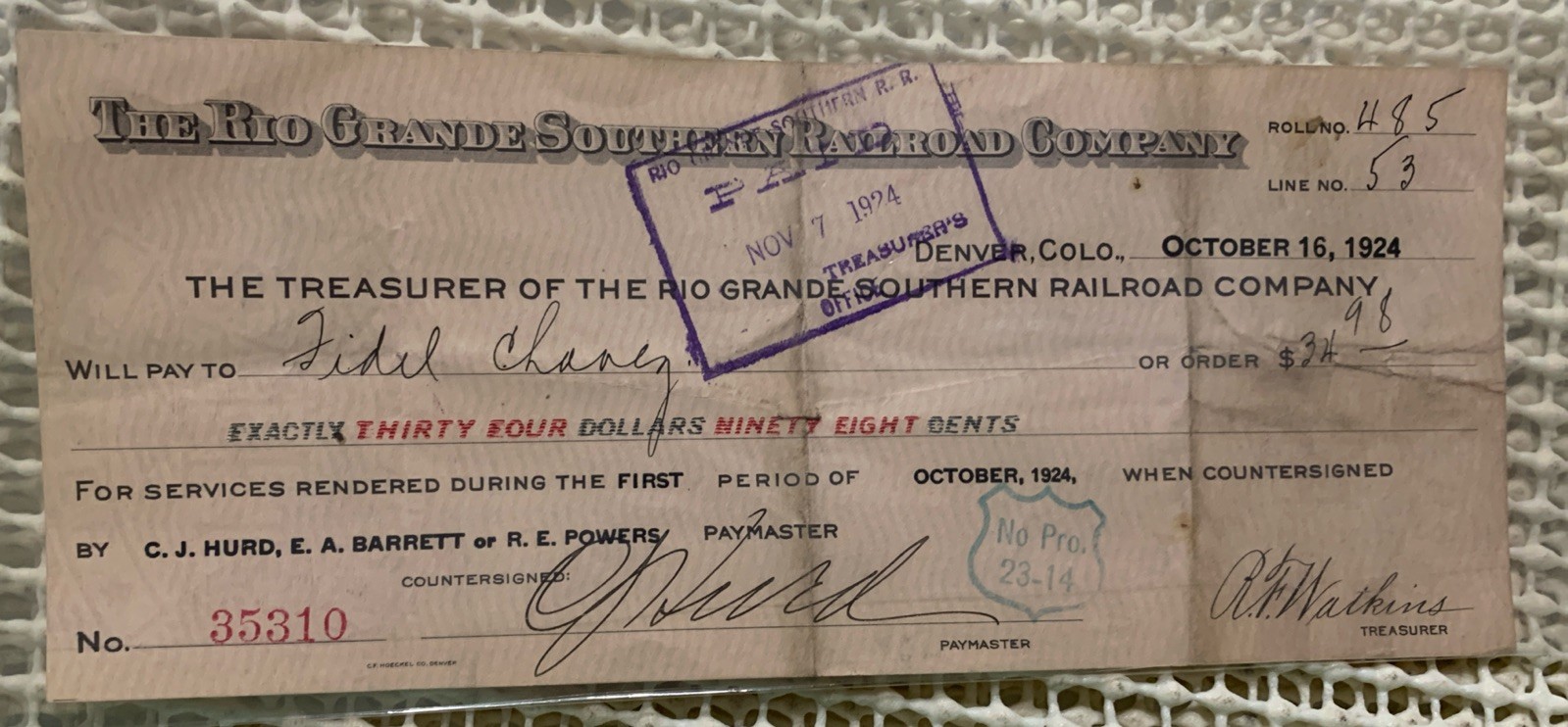 Antique 1924 Used/Cancelled Check Rio Grande Southern Railroad Company