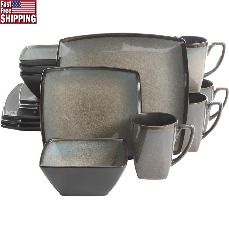 Square Stoneware Dinnerware Set Service 4 Dishwasher Safe Unique Reactive Glaze